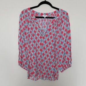 Crown & Ivy Geometric V-Neck Blouse Pink and Blue